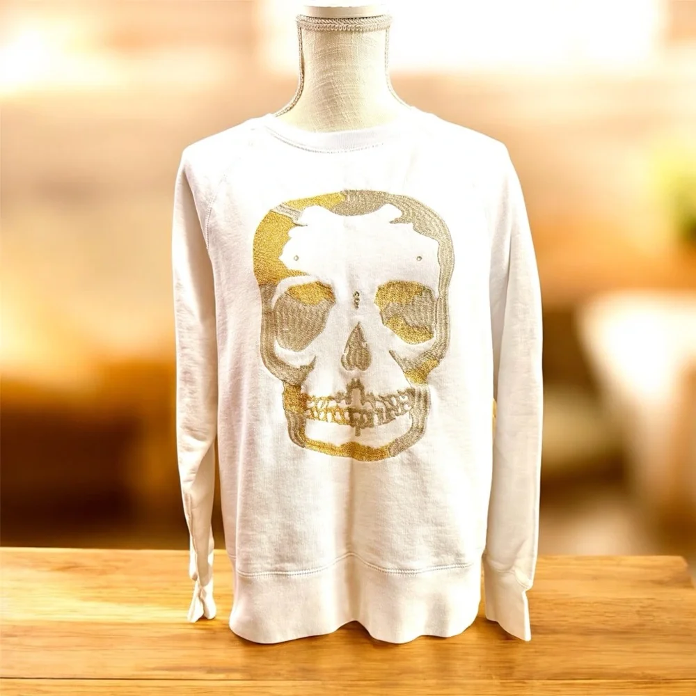 Zadig & Voltaire white long sleeve sweatshirt metallic thread embroidered sz MD - Picture 3 of 7